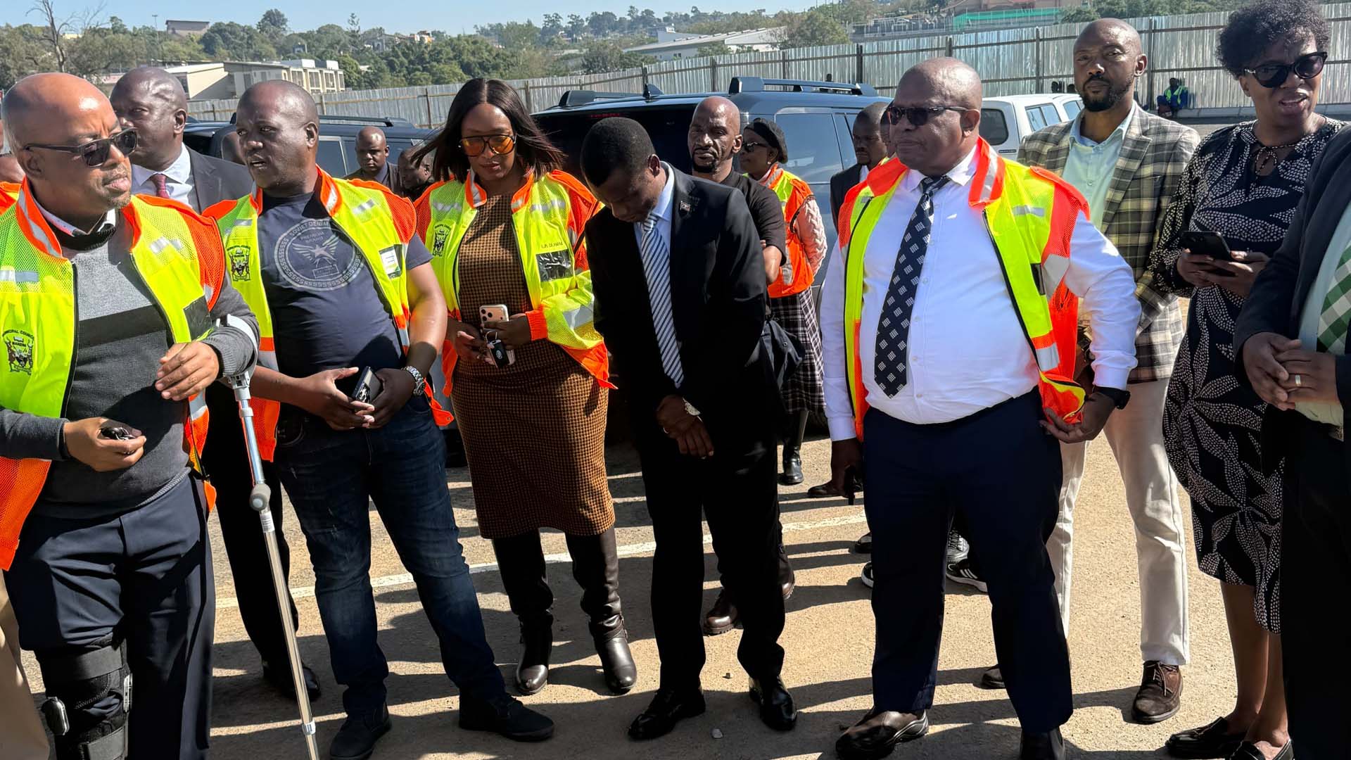 Minister for Commerce, Industry and Trade Manqoba Khumalo with Minister for Housing and Urban Development Appolo Maphalala touring the construction site together with Municipal Council of Manzini officials and the contractors. (Pics Timothy Simelane)